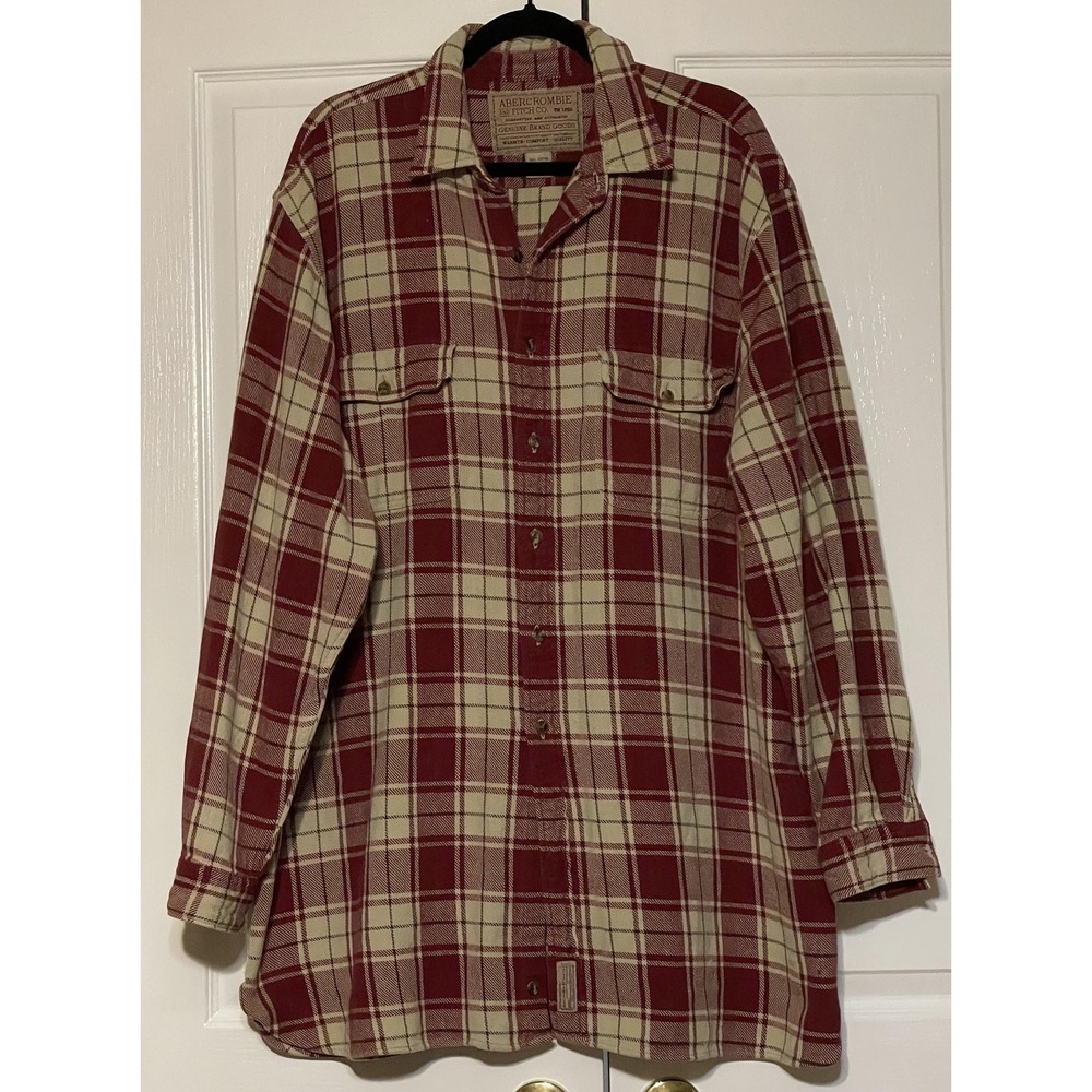 Abercrombie & Fitch Shirt Mens XL Red Plaid Flannel Button Down Pockets Casual